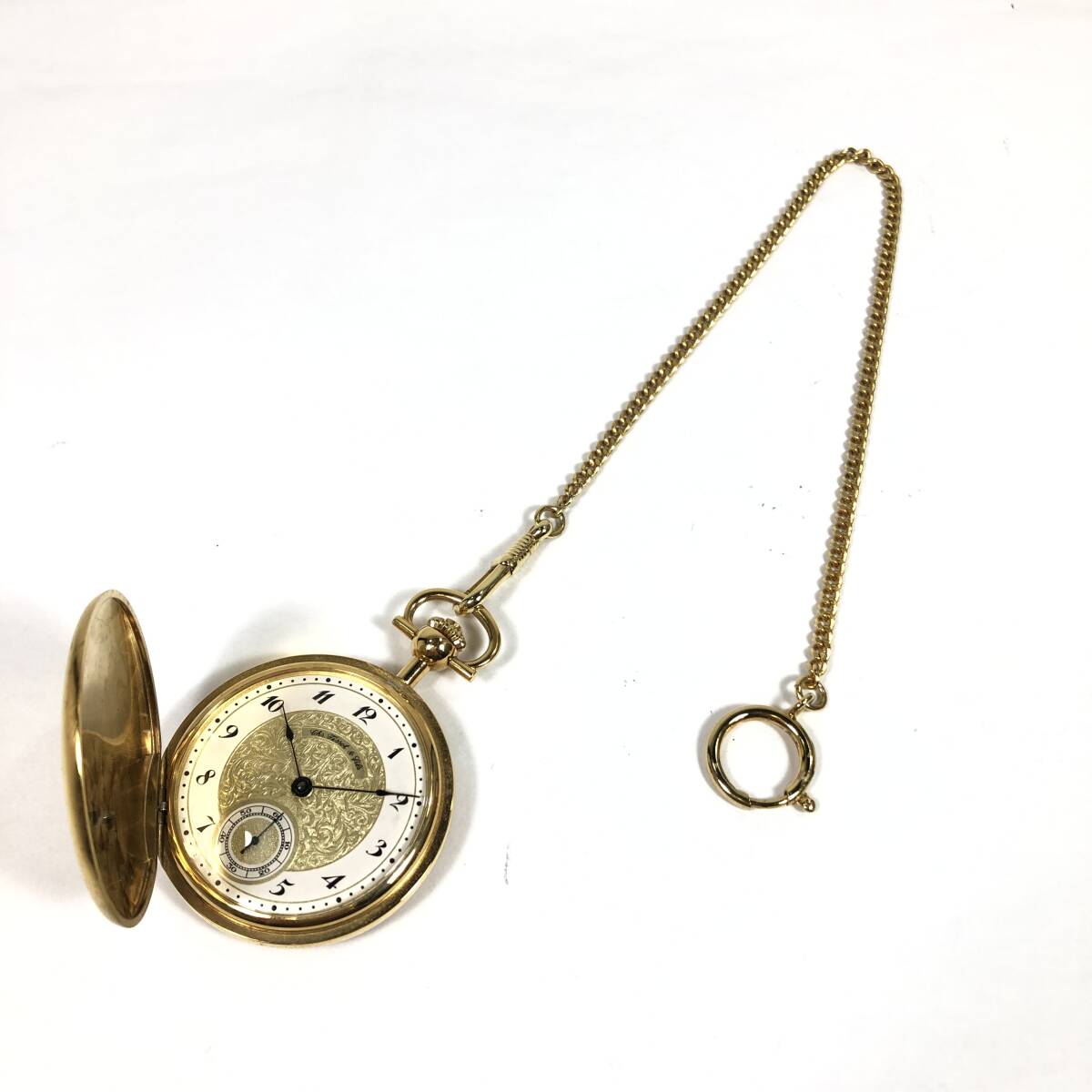 ＊The Tissot & Fils 手巻き 懐中時計 スモセコ ゴールドカラー 金色 白文字盤 模様 ティソ チェーン付き 稼働品