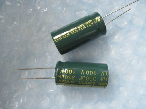 102-001(B0008)　SUNCON 330μF 100V　ＭＥ？　ＡＸシリーズ？　未使用品ですが長期保存品　キズ、汚れ、凹み有　ジャンク品　２個セット