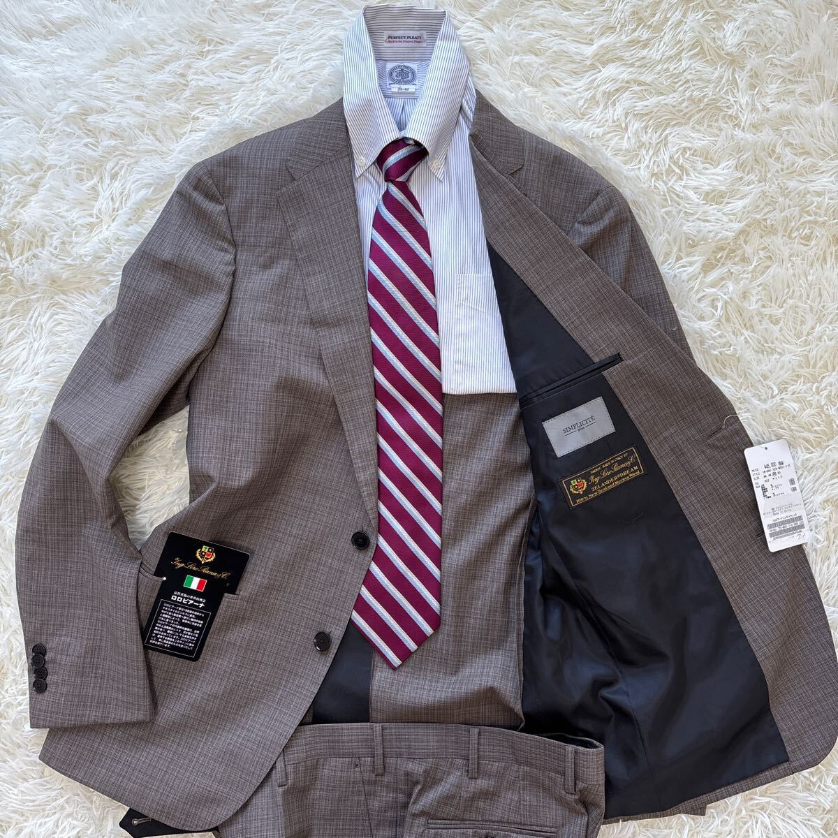 新品タグ付◎【伊】ロロピアーナ社『圧倒的高級感』Loro Piana スーツ セットアップ ブラウン チェック 48位 L相当 ジャケット 通年 
