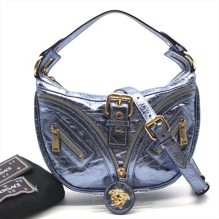 展示品 VERSACE ヴェルサーチ メデューサ メタリック レザー リピート ホーボー 2way ハンド ワンショルダー バッグ ブルー a4632