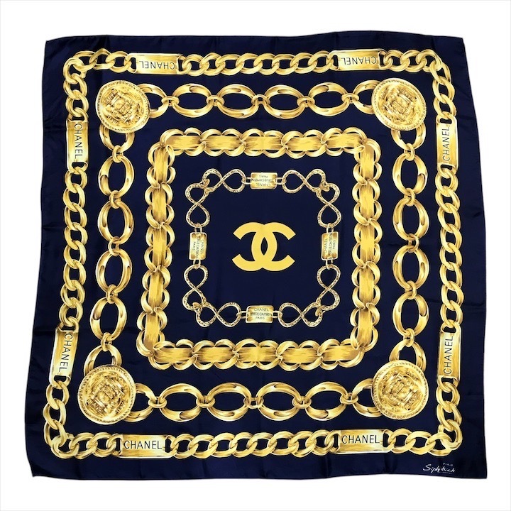 美品 CHANEL シャネル チェーン ロゴ スカーフ 大判 シルク 100％ ネイビー 紺 ブランド k4701