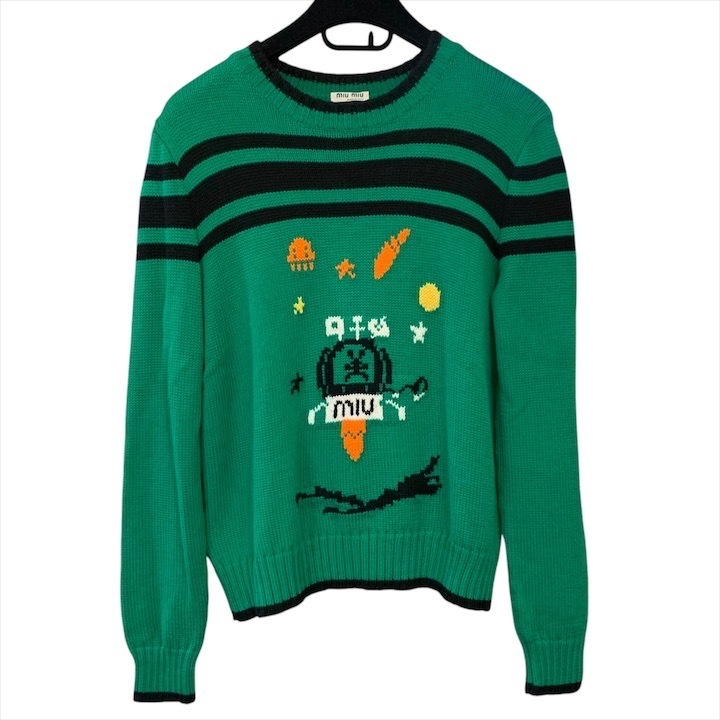 美品 miumiu ミュウミュウ ニット ウール セーター 長袖 冬服 アパレル グリーン 38 レディース k4896
