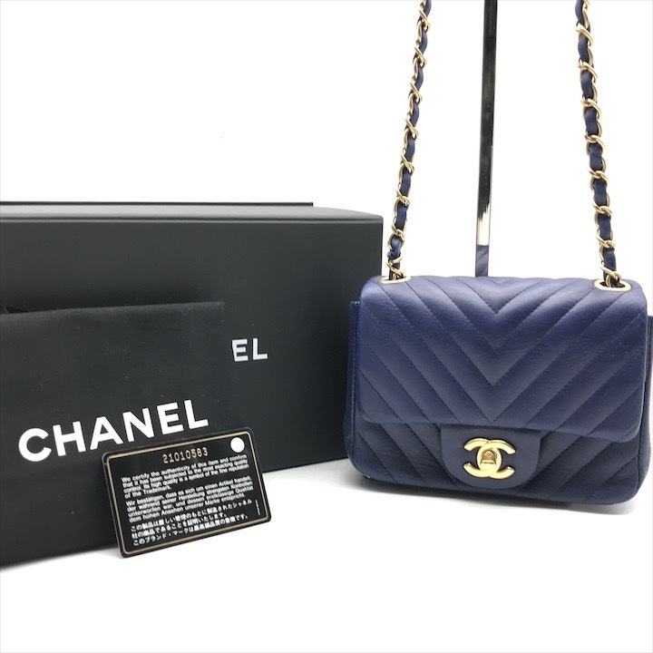 良品 CHANEL シャネル ココマーク ターンロック ミニ Vステッチ チェーン ショルダー バッグ ブルー m13953