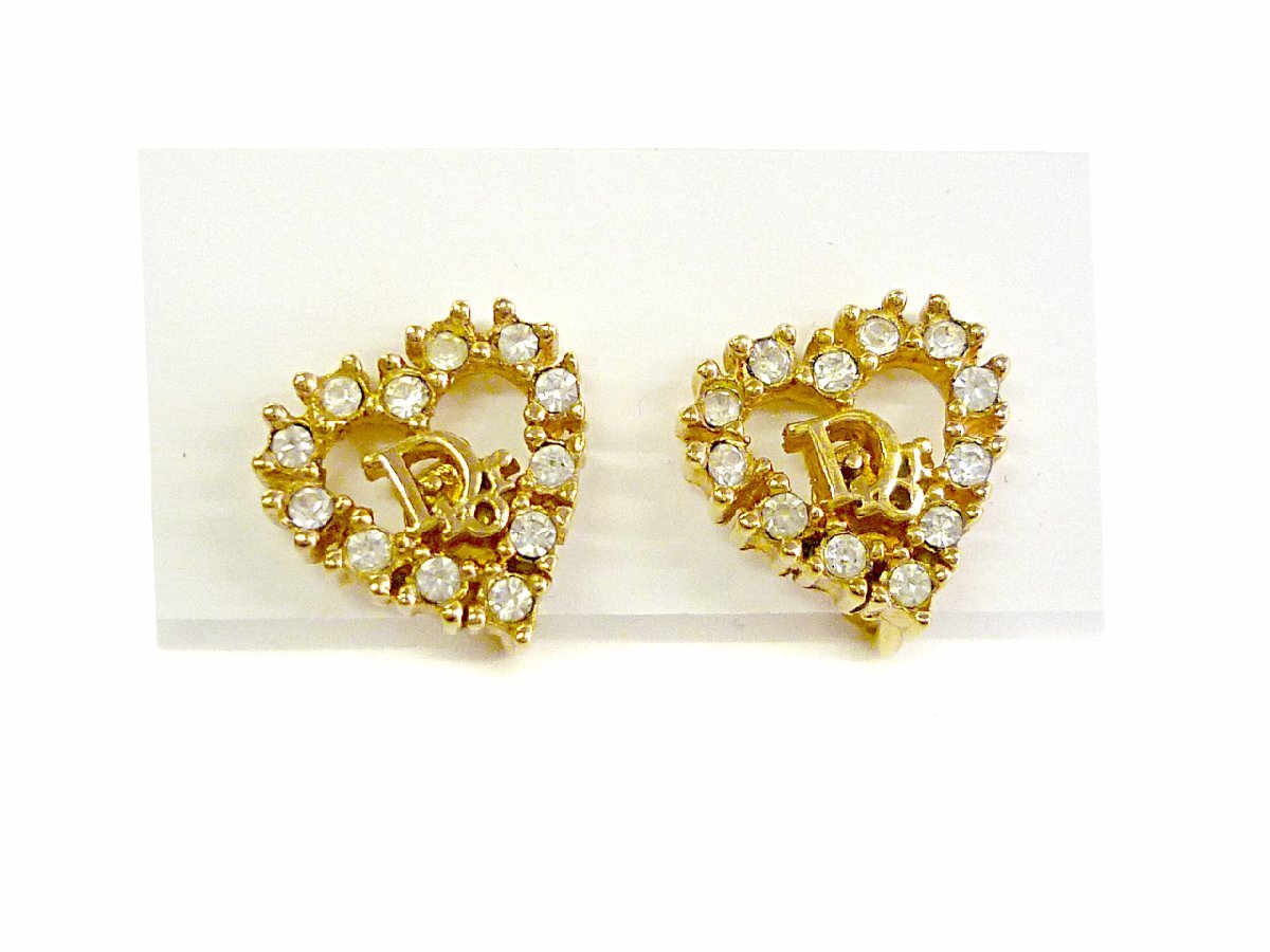 ☆SALE☆　未使用　ChristianDior　クリスチャンディオール　ハート　ラインストーン　ミニ　イヤリング　ヴィンテージ　アクセサリー