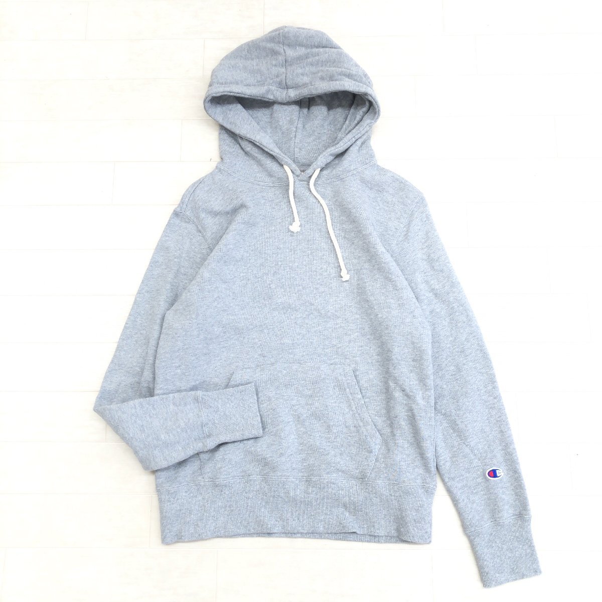 ●Champion チャンピオン 定価5,390円 プレーン スウェット パーカー M グレー フーデット トレーナー ロゴ袖 国内正規品 レディース