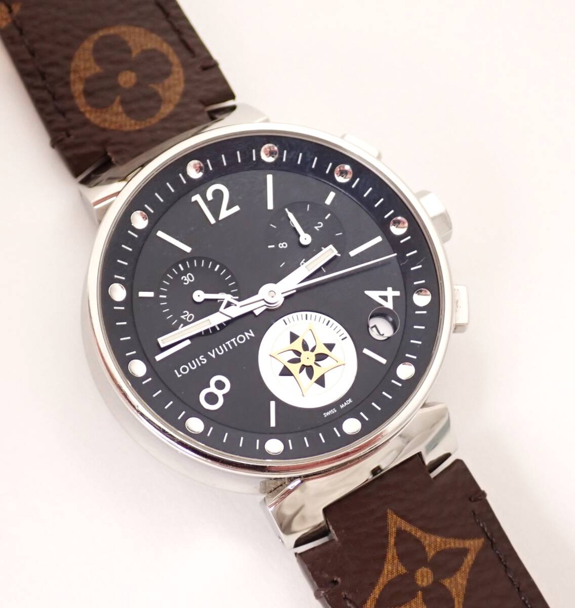 美品 LOUIS VUITTON(ルイヴィトン) タンブール ムーンスター クロノ Q8D11 SS/革 QZ クオーツ 星空 レザー モノグラムベルト メンズ腕時計