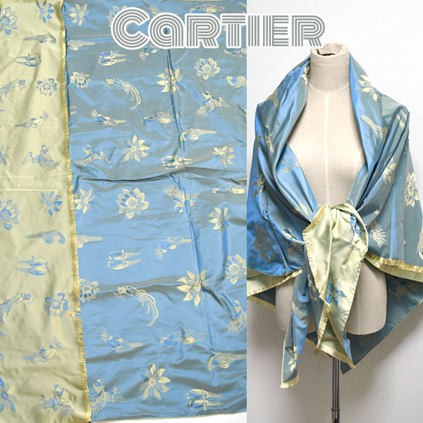 Cartier■美品　ロゴ入り蓮＆鳥柄大判シルクストール　140cm　ショール マフラー カルティエ 　イエロー＆ブルー