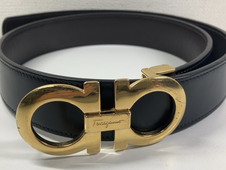 ★フェラガモ FERRAGAMO ベルト ダブルガンチーニ ブラック ゴールド系 メンズ レザー ブランド 中古