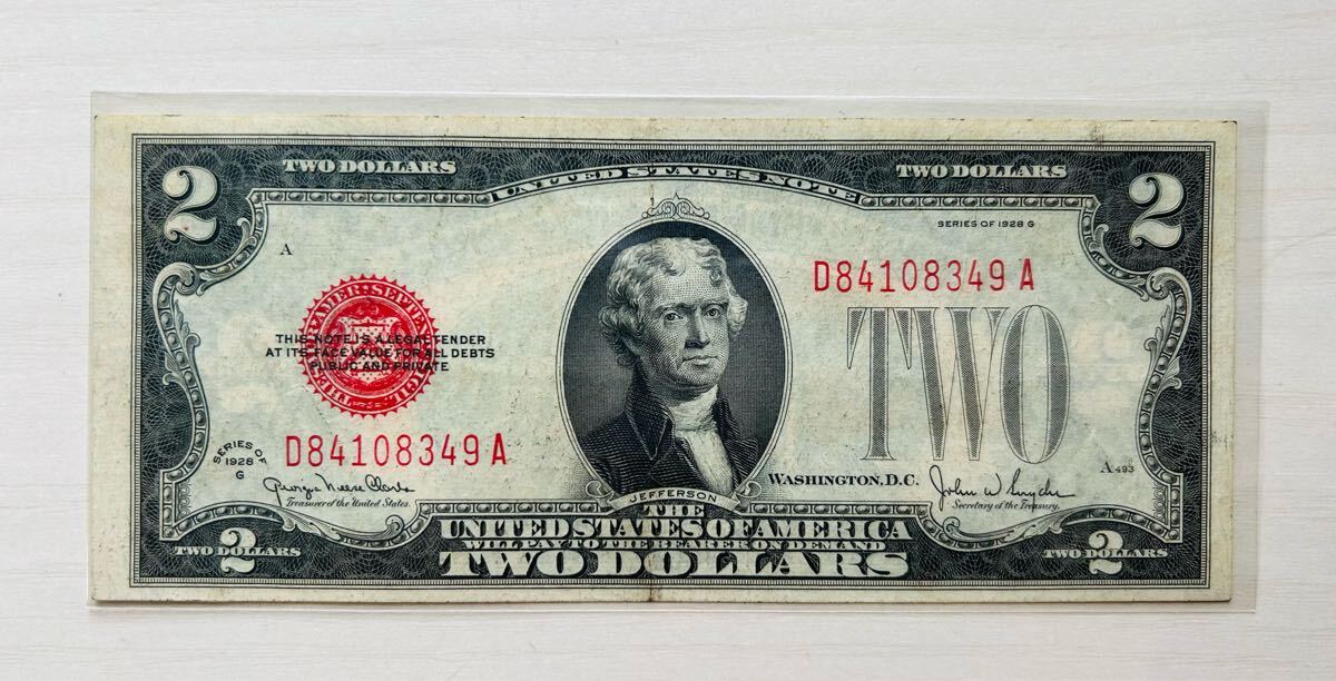 コレクション・ 1928年発行本物・Americaアメリカ2ドル・金運がある紙幣