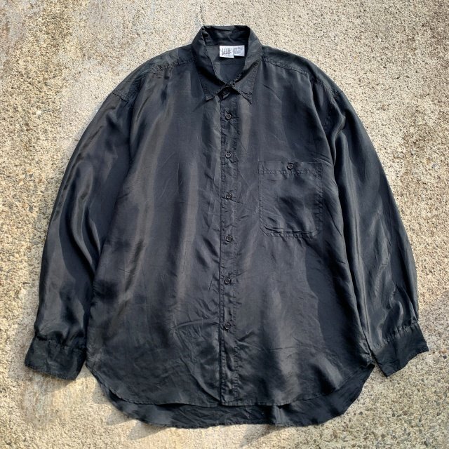 【L/XL】I.O.U. 長袖シルクシャツ ブラック 黒■ビンテージ オールド レトロ アメリカ古着 90s-2000s 片ポケ ビッグサイズ