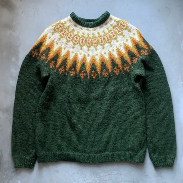 【Ladies or XS】ノルウェー製 Siril ハンドニット ノルディックセーター 緑 柄■ビンテージ オールド レトロ アメリカ古着 北欧 ウールニ