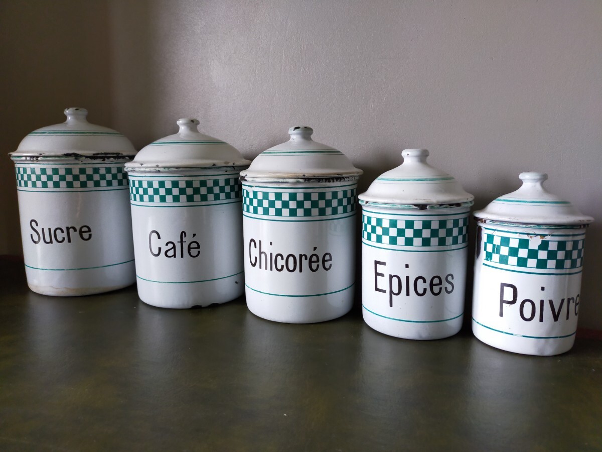 ★アンティーク品★格子柄ホーローキャニスター ５個セット グリーン×ホワイト フランス