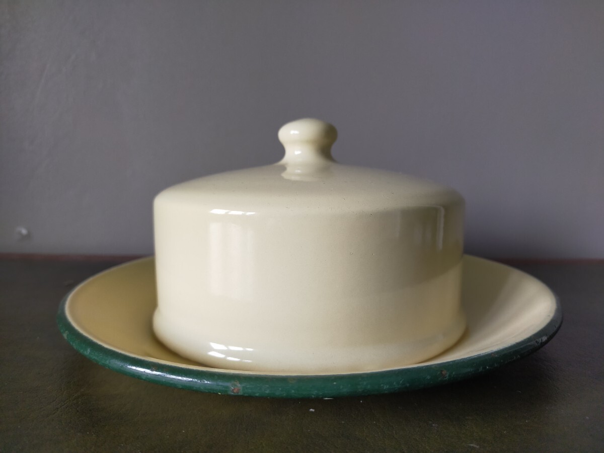 ★アンティーク品★ホーローバターポット クリーム色 エナメル フランス