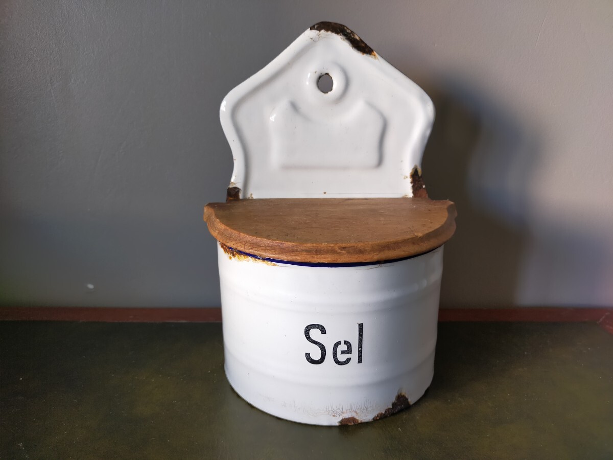 ★アンティーク品★セル缶 ソルト 塩ホーローホワイト 白 フランス