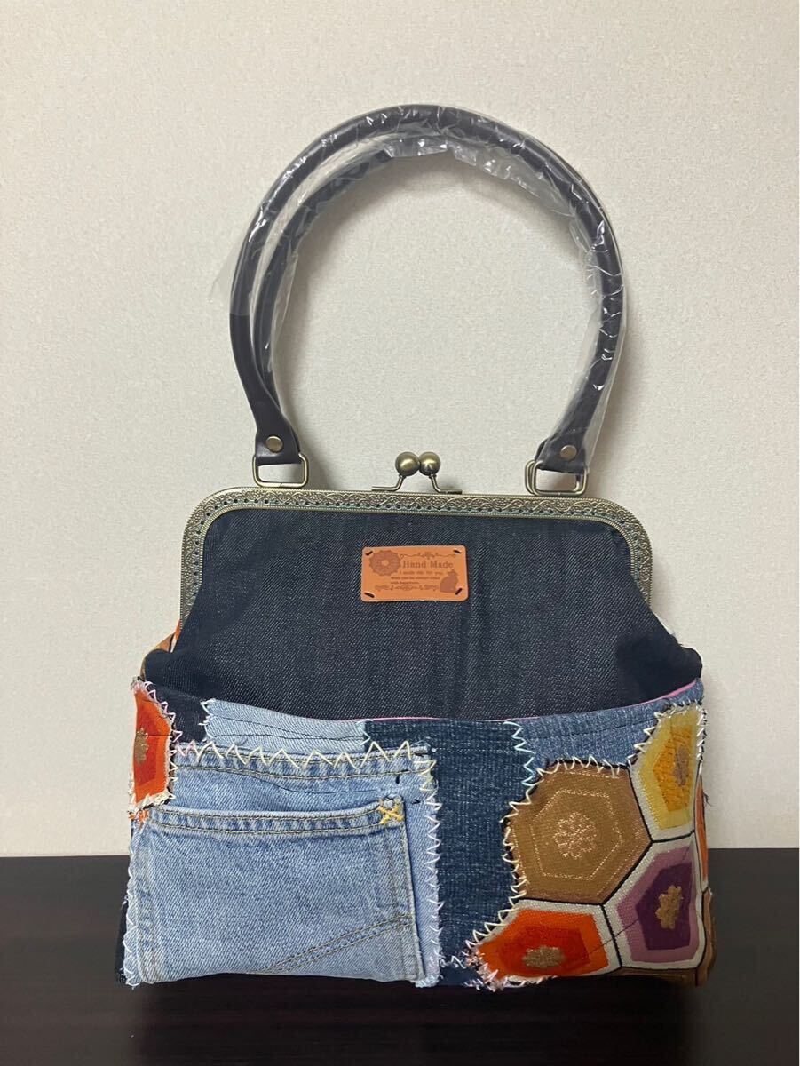アンズルーム★パッチワーク★デニムリメイク　がま口　バッグ★ハンドバッグ★帯リメイク★ポケットいっぱい★2way
