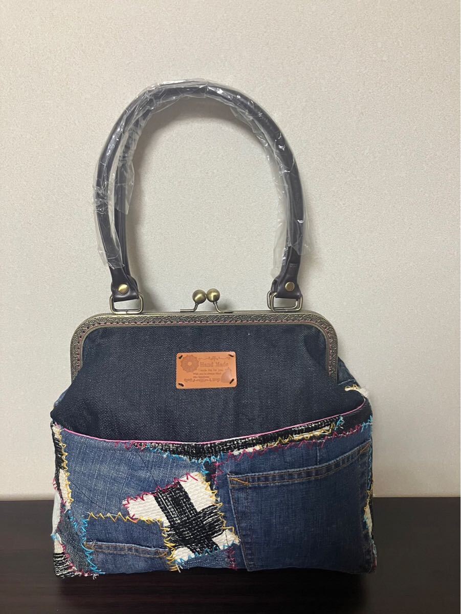 アンズルーム★パッチワーク★デニムリメイク　がま口　バッグ★ハンドバッグ★格子柄★ポケットいっぱい★2way