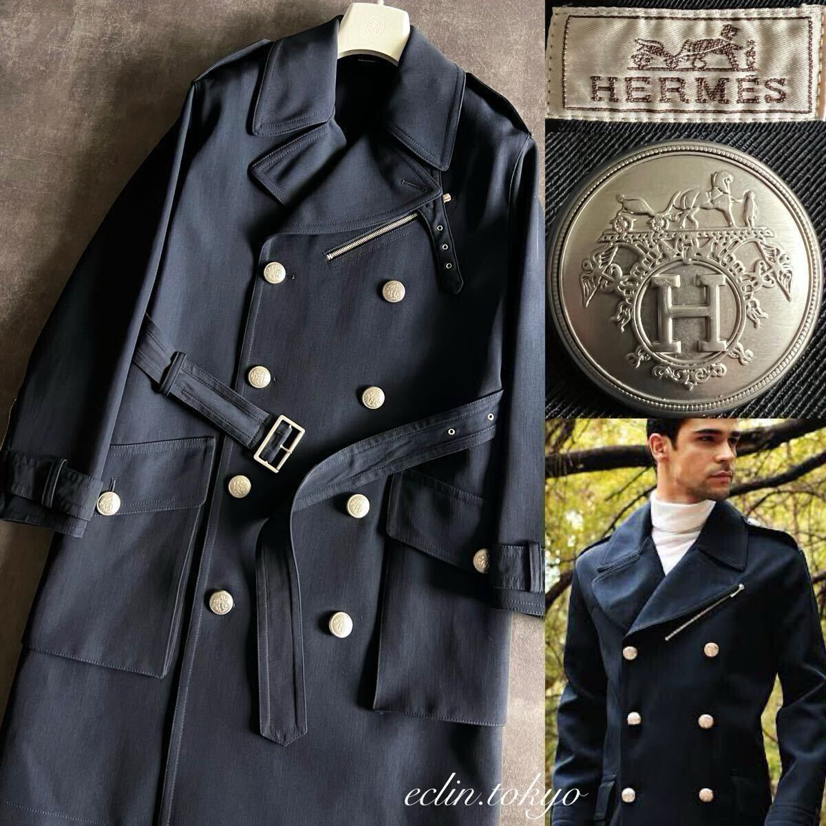 【E4504】新品同様！HERMES エルメス《最高傑作！超特大！装飾H銀ボタン！》即完売 ランウェイ着用 ロングシルエット P コート トレンチ