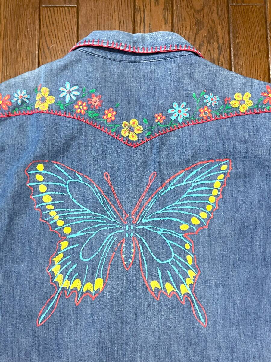 ビンテージ RANCH CRAFT ランチクラフト JC.Penney JCペニー デニムシャツ バタフライ 蝶 フラワー 花 ハンドペイント ヒッピー ウエスタン