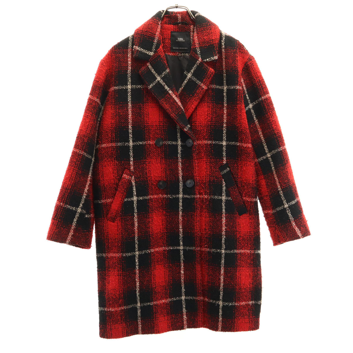 ZARA ザラ チェック柄 ツイード ダブル チェスターコート M レッド レディース
