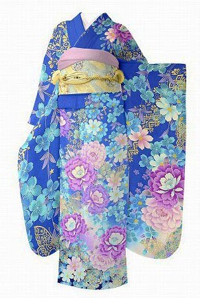 【送料無料】美品 振袖 現代柄 身丈169cm 裄丈67cmトールサイズ 青 桜 花 アゲハ蝶 お洒落 成人式 結婚式 仕立て上がり 正絹m-6004