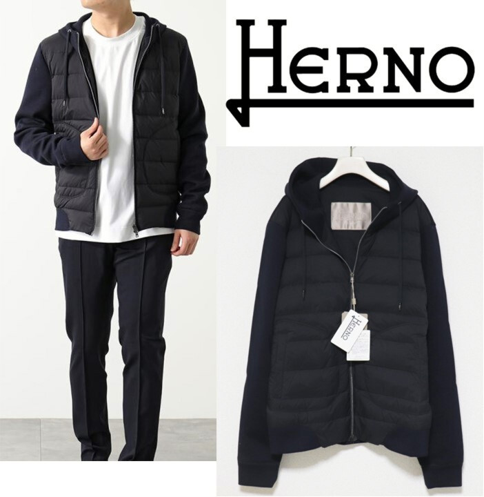 新品タグ付き【HERNO ヘルノ】リゾートコレクション ダウン切替 ハイブリット ブルゾン 紺 52 v6441
