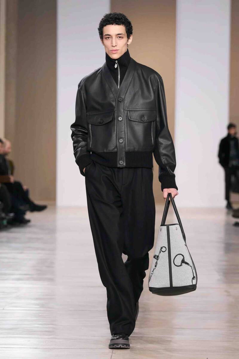 [44] HERMES レザー&カシミア 2WAYカーディガンジャケット　ノーカラー フライトブルゾン