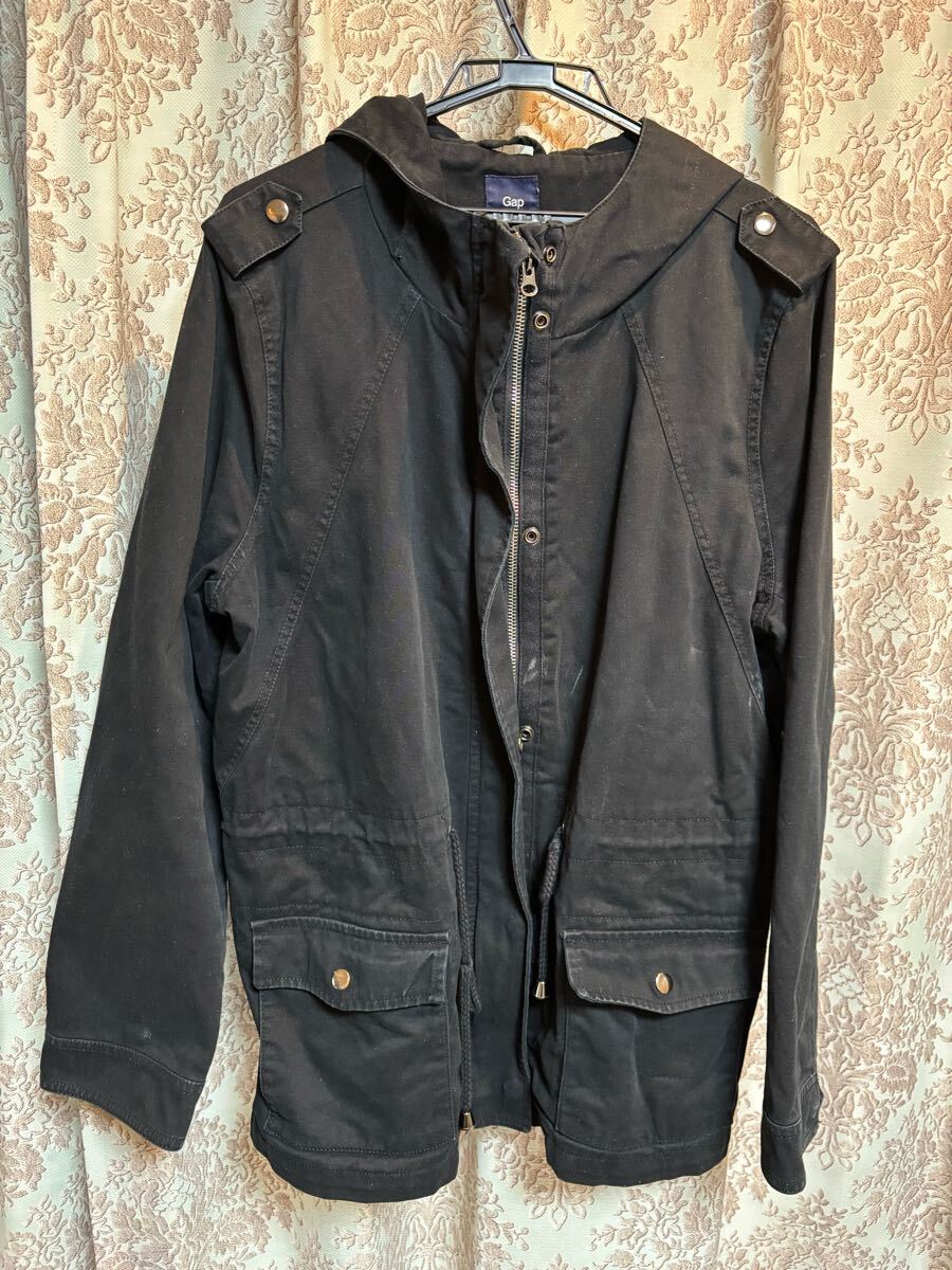 中古古着　Ｇapフード付きコート　レディース　サイズXL 綿　黒　使い込まれたコートです