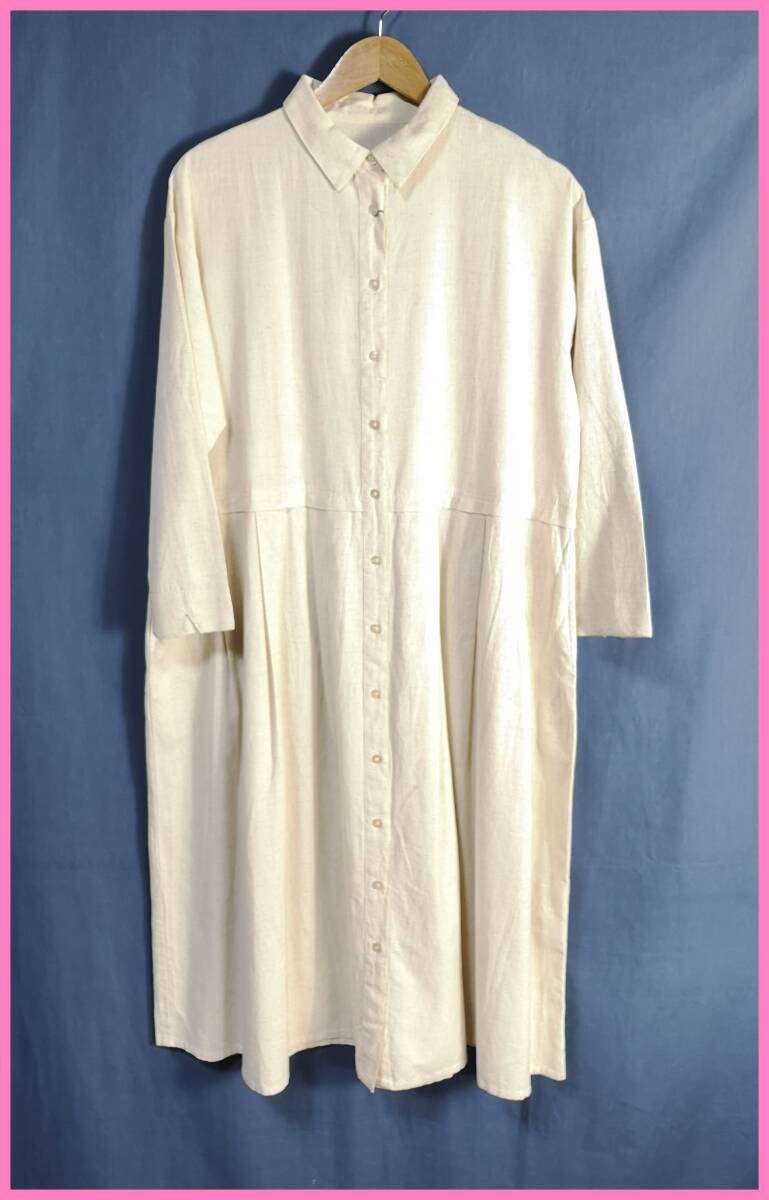 WH‐３３８☆春夏秋☆新品☆送料込み☆即決☆ナチュラル系☆綿麻混☆Ｍ～Ｌサイズ☆ワンピース☆クリーム色☆プリーツ☆ボタン☆ゆったり