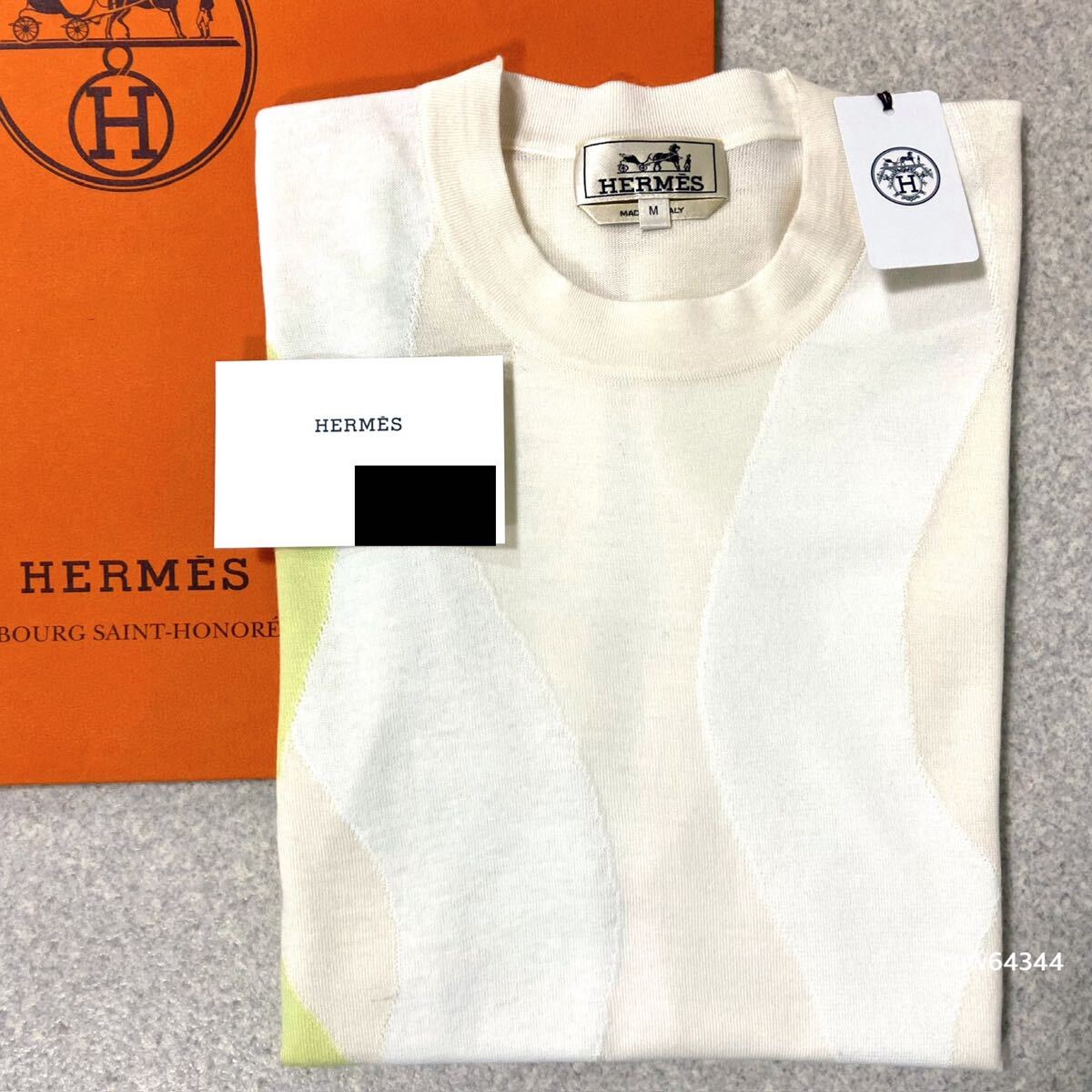 国内正規品 未使用同様 M 2023ss Hermes エルメス ウェーブデザイン カシミヤ シルク ラウンドネック 半袖ニット セーター ショップカード