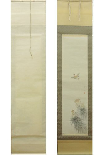 竹原嘲風 日本画 花鳥 嘲風子 ケイトウに雀 掛け軸 掛軸 紙に彩色 Japanese Hanging scroll 中古 合箱 周風