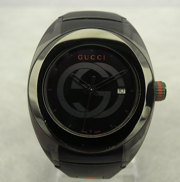 GUCCI YA137107A SYNC Quartz グッチ 137.1 シンク クォーツ 46mm ラバーベルト破損 社外ベルト 中古 インターロッキングGG
