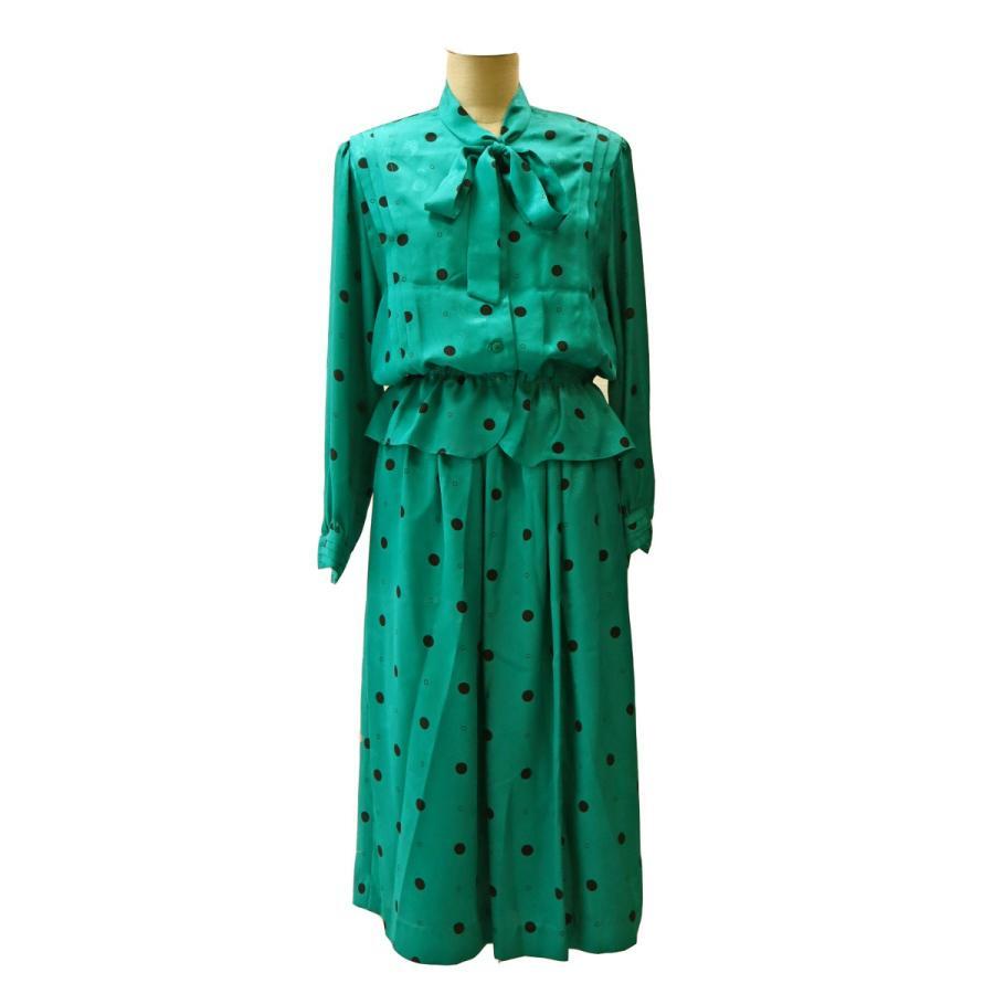 VINTAGE 昭和ファッション　春夏レトロツーピース水玉グリーン11号Lサイズ＊r4082グリーン＊レナウン・アデンダ60年代70年代60s70sおしゃれ