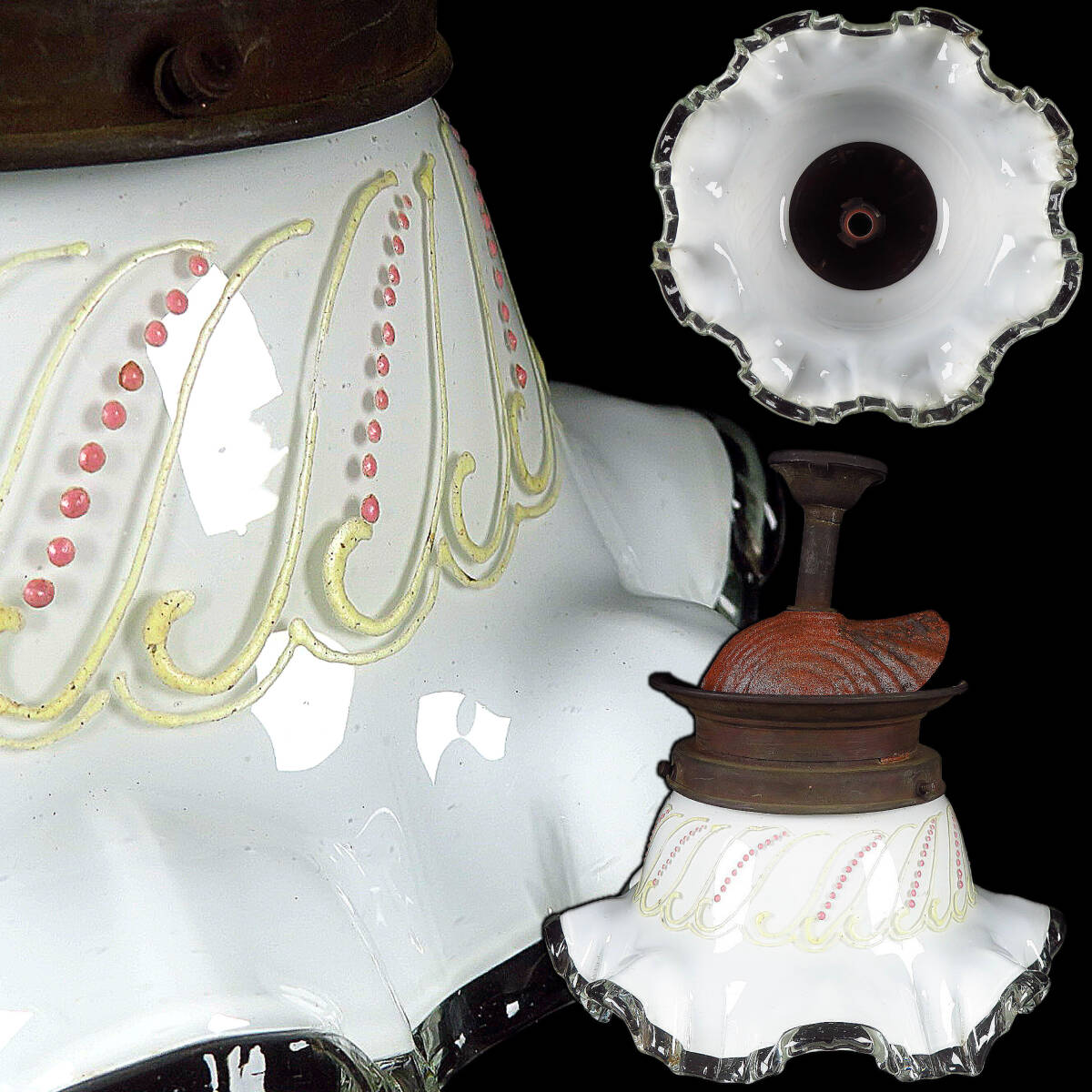 【SAKURAYA】希少品【ガス灯 乳白 ガラスランプシェード】電笠 フリル 照明 アンティーク 時代物 骨董品 古美術品 美品 高さ20cm