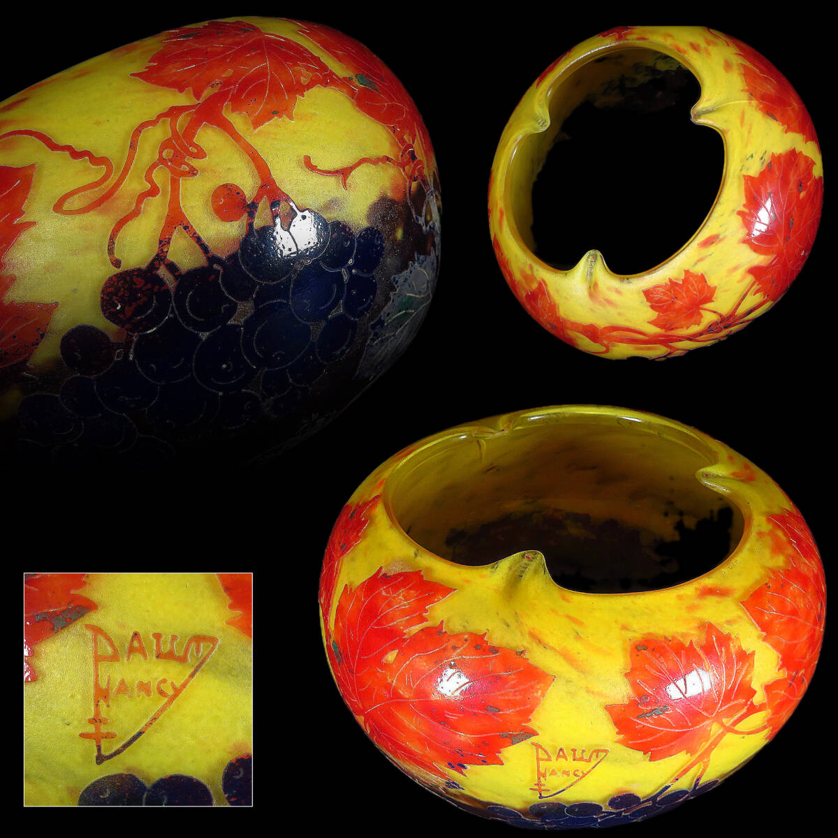 【SAKURAYA】1900年初頭 DaumNancy ドームナンシー 葡萄文飾 硝子鉢 花器 ガラス 西洋美術 酸化腐食彫 アンティーク 骨董品 直径21.5cm