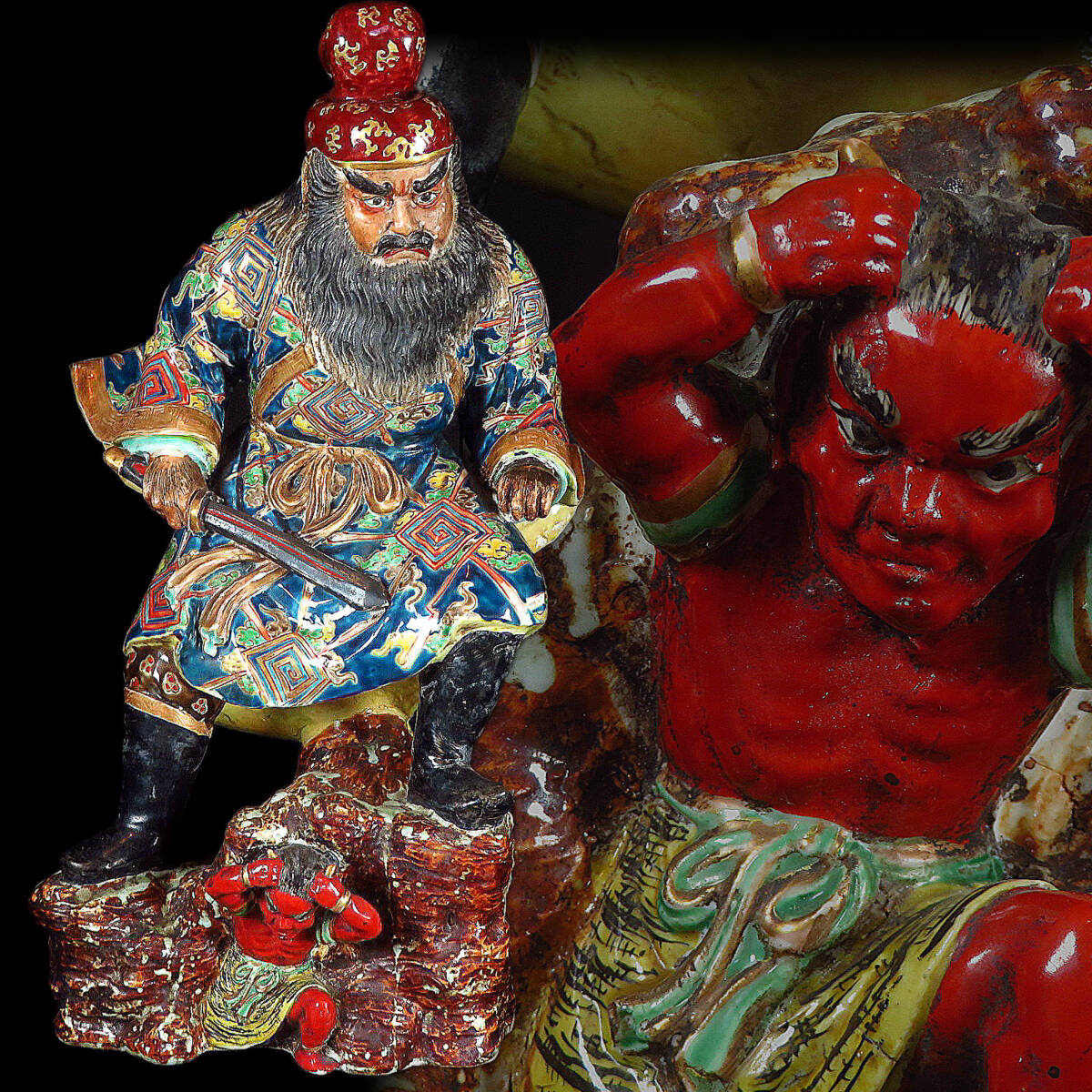 【SAKURAYA】高さ52cmの迫力ある大型作品【九谷焼 古い鐘馗像 置物】細密彫刻 赤鬼 古九谷 金彩 魔除け オブジェ 骨董品 古美術品