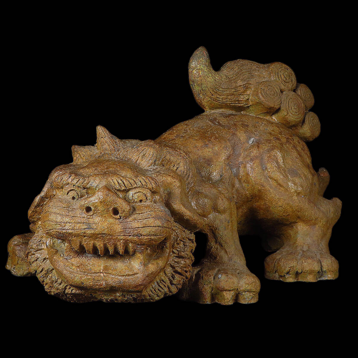 【SAKURAYA】珍品 コレクター委託品【〜江戸時代 備前焼 古い唐獅子 置物】時代物 細密彫刻 狛犬 希少品 骨董品 古美術品 全長32.5cm