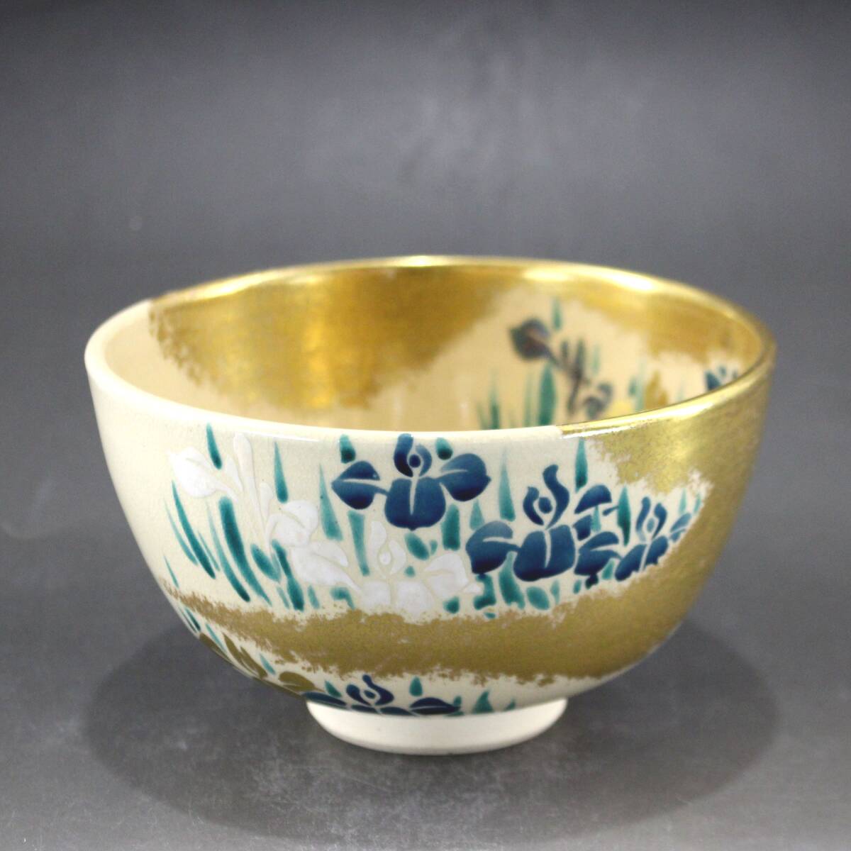 【二代 久世久宝】 金彩 杜若絵 茶碗 鵬雲斎箱 共箱 燕子花 カキツバタ 茶道具