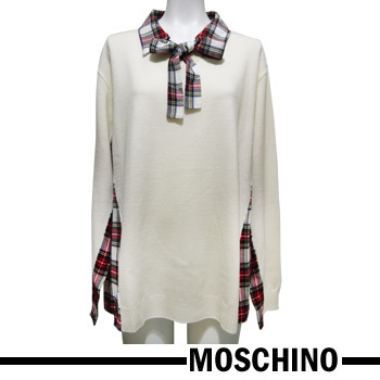 新品モスキーノMOSCHINO異素材MIXボウタイセーター チェック白44★