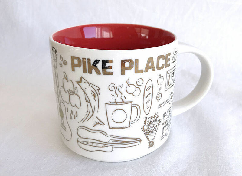 限定★新品 スターバックス PIKE PLACE パイクプレイス マグカップ 陶器 シアトル1号 スタバ かわいいイラスト 白 オフホワイト 赤 P386