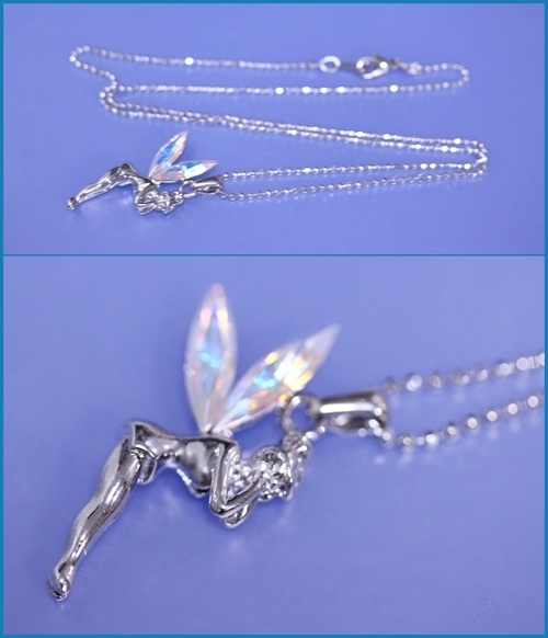 N5625/妖精ネックレス　オーロラ羽　ティンカーベル風フェアリーペンダント 七色に輝く綺麗なラインストーン