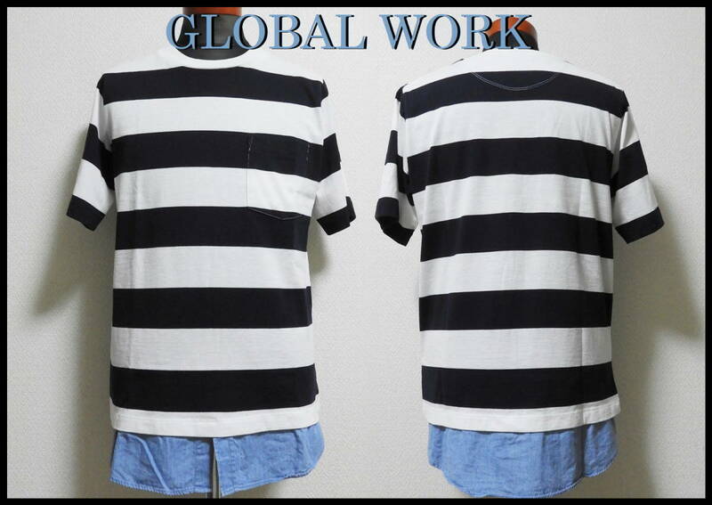 GLOBAL WORK ボーダーTシャツ グローバルワーク 白 紺 ホワイト ネイビー シャンブレー デニム 切り替え デザインＴ メンズ M 丸襟 半袖