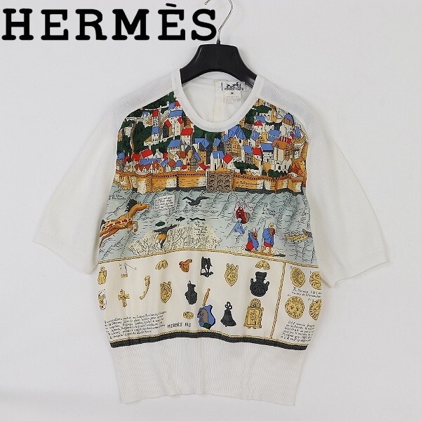 ヴィンテージ◆HERMES エルメス Mont Saint Michel モンサンミッシェル セリエボタン コットン×シルク 切替 半袖 ニット トップス 44