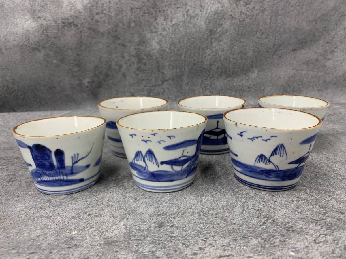 【 アンティーク レトロ 染付 蕎麦猪口 6個 】つゆ入れ 時代物 染物 麺つゆ 当時物 焼物 陶器