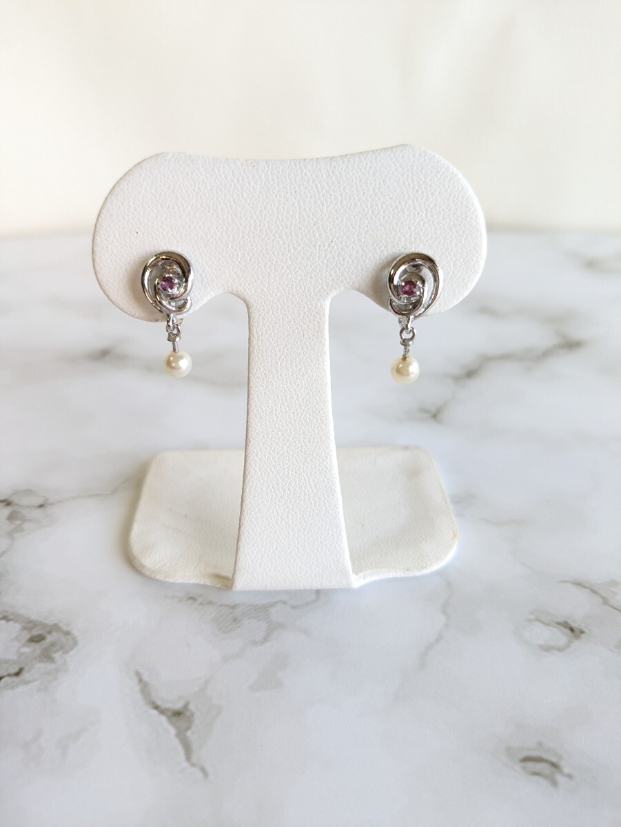 あこや真珠　デザインパールイヤリング　ルビー　SILVER刻印あり　アンティーク　レトロ　本真珠　田中真珠