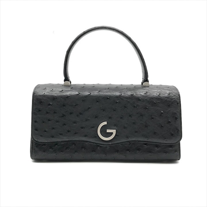 美品 GRES グレ オーストリッチ ハンド バッグ ブラック レディース k5146