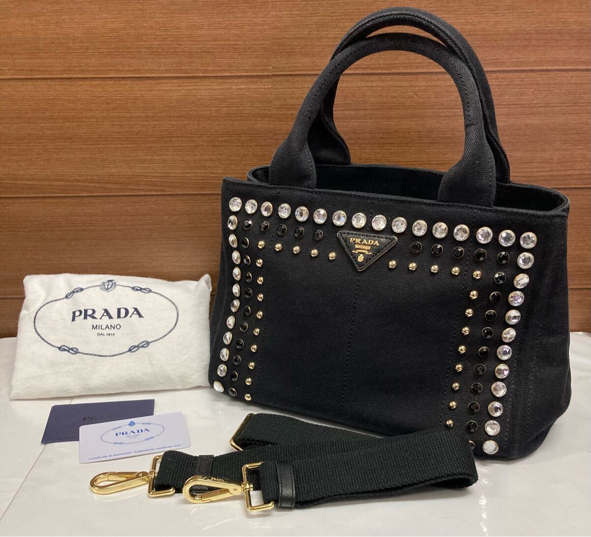 未使用 ♪ PRADA プラダ カナパ 2WAY 正規品 ハンドバッグ ショルダーバッグ ブラック 黒 ビジュー カード 保存袋 トートバッグ 