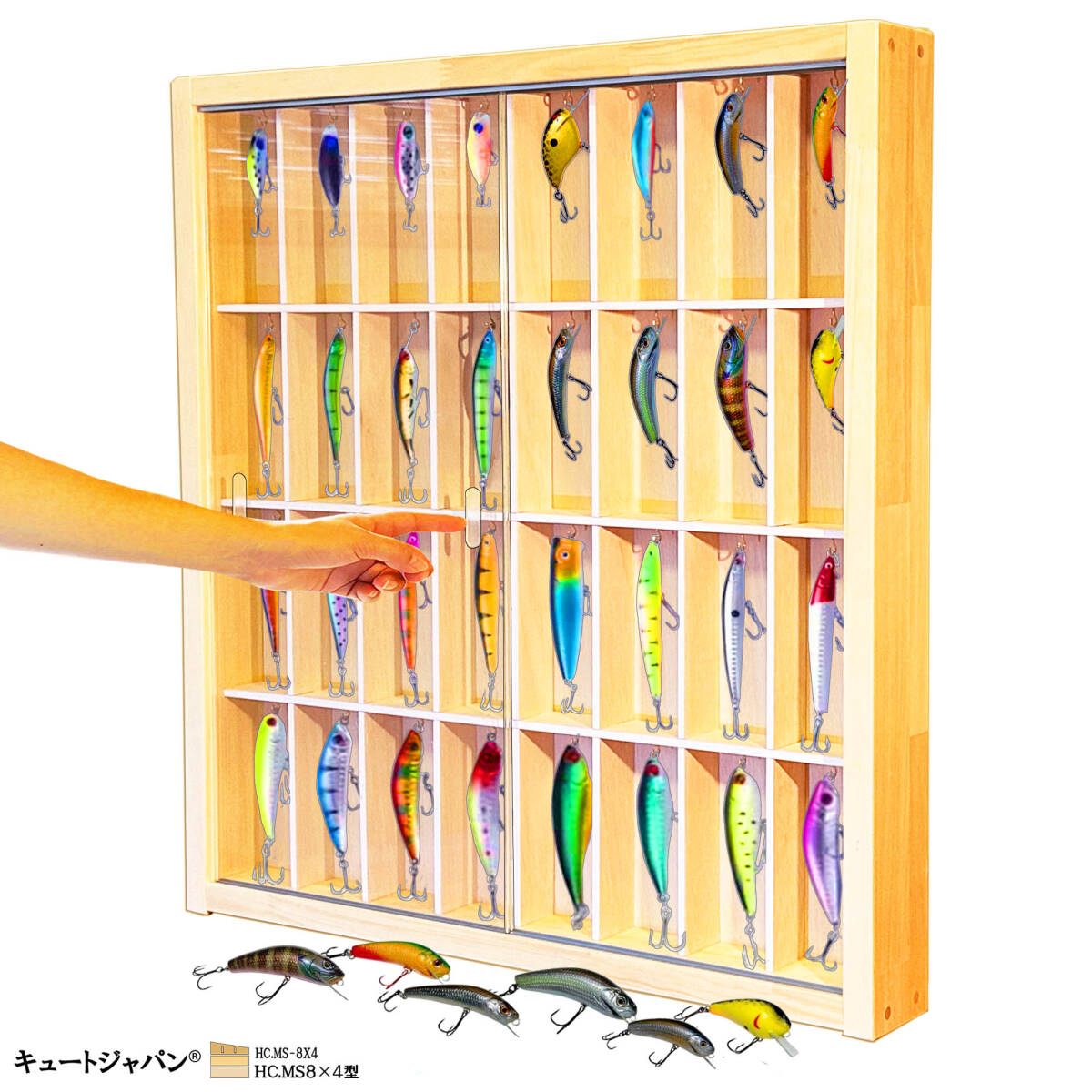 【送料無料】木製ルアーケース フック付 ３２マス コレクション ディスプレイ キーホルダー ストラップ アクリル障子付 日本製