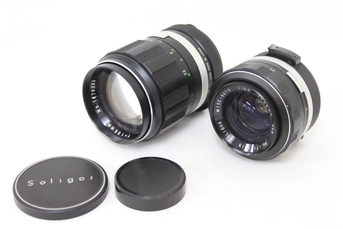 【返品保証】 【レンズ2点まとめ】SOLIGOR WIDE-AUTO 35mm F2.8 ニコンマウント TELE-AUTO 135mm F2.8 M42マウント レンズ M3595