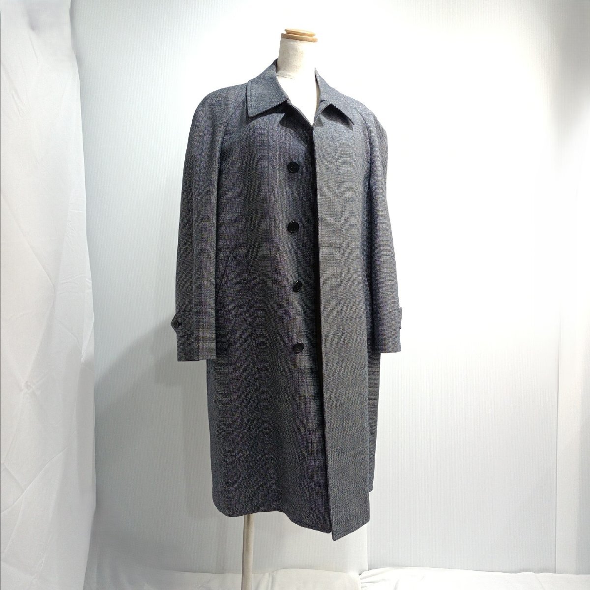 サンヨーコート ステンカラー メンズ サイズ(165-89-77) 紺×白 格子 毛100 fashion house sanyo ネーム刺繍あり レトロ【道楽札幌