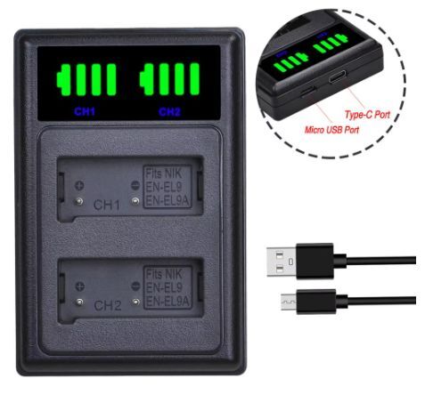 【送料無料】 バッテリー2個同時充電可 ニコン EN-EL9 EN-EL9a EN-EL9e ENEL9 MH-23 D40 D40X D60 D3000 D5000 USB充電器 USB付 LCD 互換品